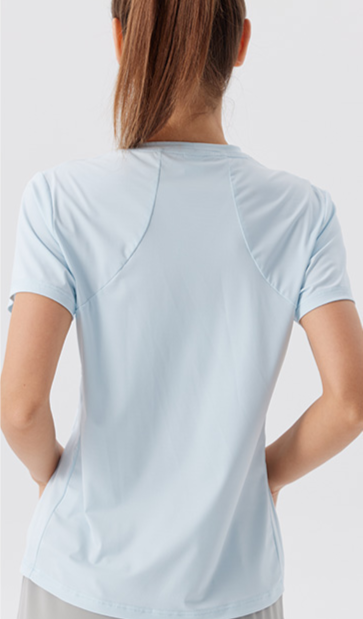 Woman wearing a light blue t-shirt with a backpack, shown from front and back views.